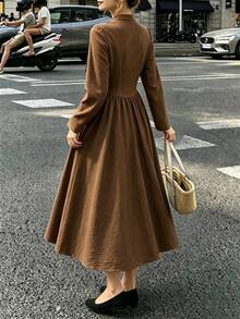 SHEIN New Chinese Qipao Textured Brown Midi Dress Stand Collar Tie Cutout Long Sleeve Flowy Maxi Dress - Coffee Brown - View 2
