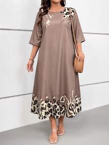 EMERY ROSE Plus Size Women's Spring And Summer Leopard Print Casual Long Dress, Suitable For Leisure Vacation, Brown - Apricot - View 7