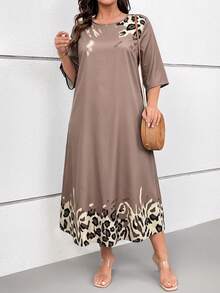 EMERY ROSE Plus Size Women's Spring And Summer Leopard Print Casual Long Dress, Suitable For Leisure Vacation, Brown - Apricot - View 6