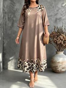 EMERY ROSE Plus Size Women's Spring And Summer Leopard Print Casual Long Dress, Suitable For Leisure Vacation, Brown - Apricot - View 1