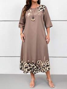 EMERY ROSE Plus Size Women's Spring And Summer Leopard Print Casual Long Dress, Suitable For Leisure Vacation, Brown - Apricot - View 4