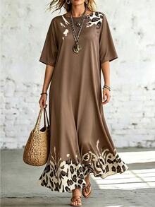 EMERY ROSE Plus Size Women's Spring And Summer Leopard Print Casual Long Dress, Suitable For Leisure Vacation, Brown - Apricot - View 3