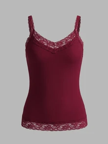 IslaSuriya Women's Solid Color Contrast Lace Fashion Camisole Top - Burgundy - View 4