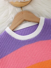 SHEIN 1件女童彩色條紋套頭針織毛衣，圓領落肩長袖上衣，春秋冬季對比色寬鬆時尚青少年女孩服飾，可搭配裙子或長褲，適合學校、派對、旅行、度假、日常穿著、休閒，百搭內搭/外穿層 - 彩色 - 查看 5