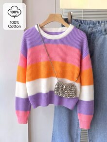 SHEIN 1件女童彩色條紋套頭針織毛衣，圓領落肩長袖上衣，春秋冬季對比色寬鬆時尚青少年女孩服飾，可搭配裙子或長褲，適合學校、派對、旅行、度假、日常穿著、休閒，百搭內搭/外穿層 - 彩色 - 查看 3