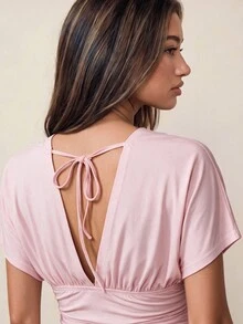 Rina Fox Women's Solid Color Deep V-Neck Back Lace-Up Short Sleeve Sexy Y2k Fitted Top Going Out Night Out Date Night Summer Light Pink - Pink - View 2