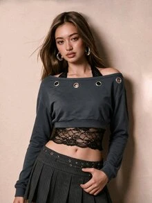 Rina Fox Set Atasan Tank Top Halter Berenda Pendek dan Sweatshirt Bahu Asimetris dengan Lubang Kancing untuk Wanita - Hitam - View 7