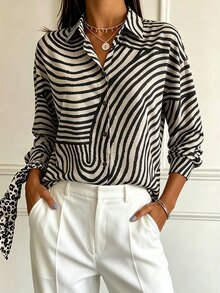 Women's Front Button Long Sleeve Black And White Striped Minimalist Shirt, Casual Everyday Wear Brunch Autumn - Multicolor - View 5