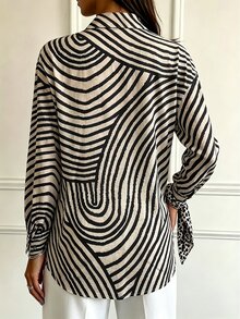 Women's Front Button Long Sleeve Black And White Striped Minimalist Shirt, Casual Everyday Wear Brunch Autumn - Multicolor - View 2