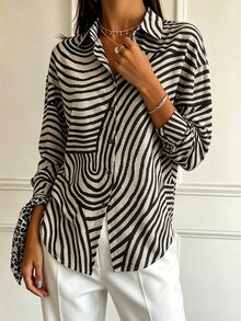 Women's Front Button Long Sleeve Black And White Striped Minimalist Shirt, Casual Everyday Wear Brunch Autumn - Multicolor - View 3