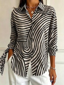 Women's Front Button Long Sleeve Black And White Striped Minimalist Shirt, Casual Everyday Wear Brunch Autumn - Multicolor - View 4