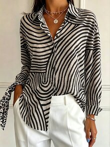 Women's Front Button Long Sleeve Black And White Striped Minimalist Shirt, Casual Everyday Wear Brunch Autumn - Multicolor - View 1