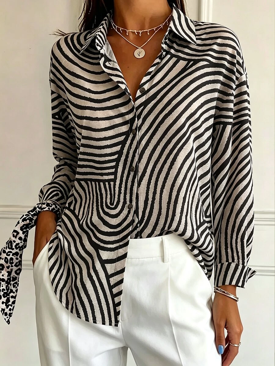 Women's Front Button Long Sleeve Black And White Striped Minimalist Shirt, Casual Everyday Wear Brunch Autumn - Multicolor - View 1