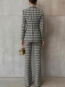 Everyssa Women's Elegant Commute Plaid Double-Breasted Blazer & Pants Suit Set - Black and White - View 3