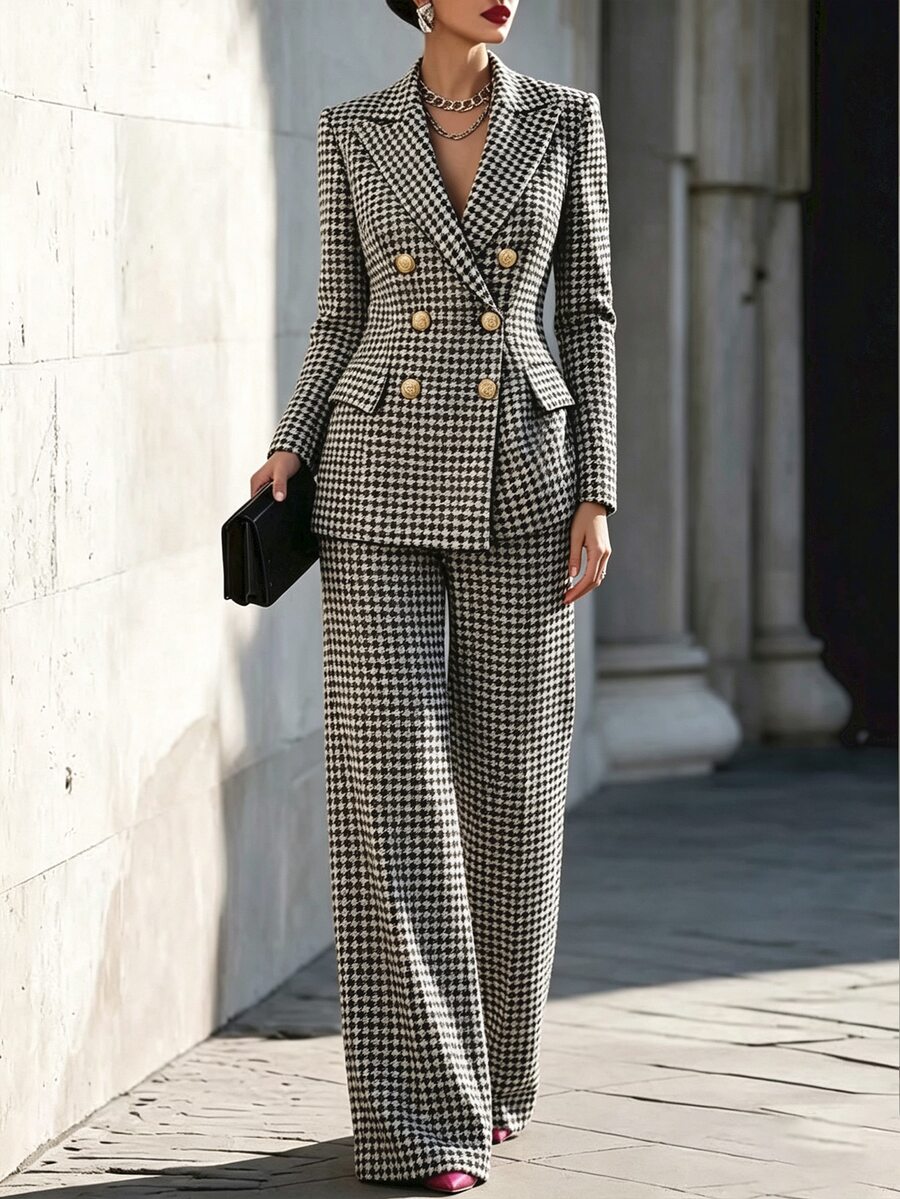 Everyssa Women's Elegant Commute Plaid Double-Breasted Blazer & Pants Suit Set