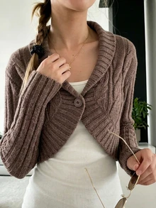 IslaSuriya Cardigan Pendek Rajut Kabel Cokelat Gaya Kasual Vintage Prancis untuk Perjalanan Sehari-hari, Satu Kancing, Cocok untuk Perjalanan Kerja. - Coklat - View 4