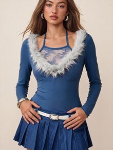 Rina Fox Women's Lace Patchwork Fuzzy Decor Top - Blue - View 4