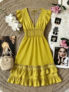 Trelyra Casual Fashion Women's Shirred Waist Flutter Sleeve Dress - Green - View 4