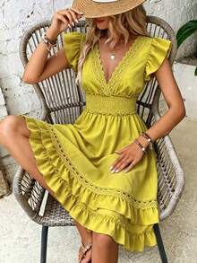 Trelyra Casual Fashion Women's Shirred Waist Flutter Sleeve Dress - Green - View 3