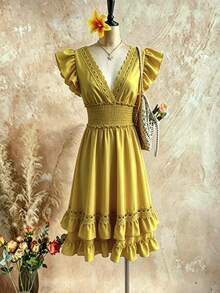 Trelyra Casual Fashion Women's Shirred Waist Flutter Sleeve Dress - Green - View 5