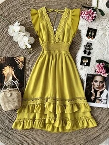 Trelyra Casual Fashion Women's Shirred Waist Flutter Sleeve Dress - Green - View 7