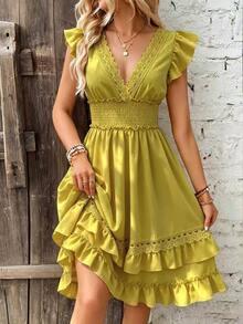 Trelyra Casual Fashion Women's Shirred Waist Flutter Sleeve Dress - Green - View 2