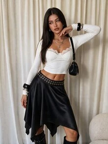 Coastalzia Rok Goth Elegan Wanita Warna Polos dengan Desain Lubang di Pinggang dan Hem Asimetris untuk Halloween, Ibiza, Clubbing, Konser, Hitam, Musim Gugur - Hitam - View 1