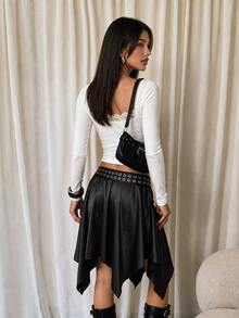 Coastalzia Rok Goth Elegan Wanita Warna Polos dengan Desain Lubang di Pinggang dan Hem Asimetris untuk Halloween, Ibiza, Clubbing, Konser, Hitam, Musim Gugur - Hitam - View 2