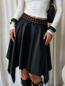 Coastalzia Rok Goth Elegan Wanita Warna Polos dengan Desain Lubang di Pinggang dan Hem Asimetris untuk Halloween, Ibiza, Clubbing, Konser, Hitam, Musim Gugur - Hitam - View 8