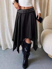 Coastalzia Rok Goth Elegan Wanita Warna Polos dengan Desain Lubang di Pinggang dan Hem Asimetris untuk Halloween, Ibiza, Clubbing, Konser, Hitam, Musim Gugur - Hitam - View 7