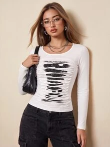 Rina Fox Women's Autumn Fashion Letter Print Backless Top - White - View 1