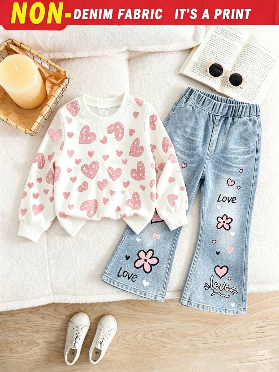 SHEIN Elladie kids 2件組女童甜酷風3D蝴蝶結裝飾白色上衣+黑色喇叭褲套裝,黑色上衣配多個粉色蝴蝶結,洋紅色喇叭褲時尚剪裁,整體風格偏向甜酷融合可愛與時尚,適合開學季、外出、街頭穿搭 - 粉色 - 查看 1