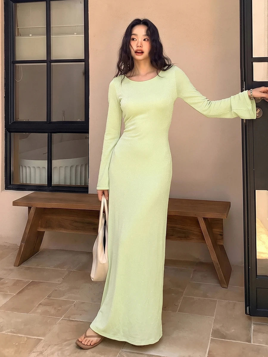INAWLY Light Green Round Neck Flared Long Sleeve Cinched Waist Mermaid Long Dress Slimming Draped Vacation Evening Gown Brunch Fall Minimalist Simple - Green - View 1