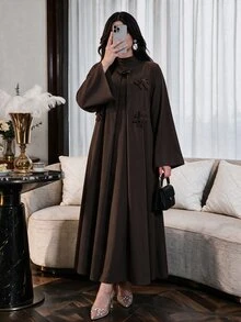 Lacomfia Plus Size Women's Brown Woven Long Sleeve 3D Floral Small Stand Collar Straight Elegant Romantic Dress - Brown - View 7