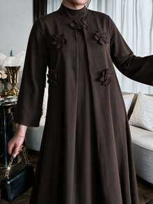 Lacomfia Plus Size Women's Brown Woven Long Sleeve 3D Floral Small Stand Collar Straight Elegant Romantic Dress - Brown - View 6