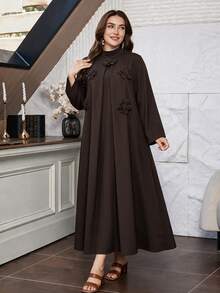 Lacomfia Plus Size Women's Brown Woven Long Sleeve 3D Floral Small Stand Collar Straight Elegant Romantic Dress - Brown - View 4