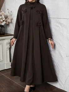 Lacomfia Plus Size Women's Brown Woven Long Sleeve 3D Floral Small Stand Collar Straight Elegant Romantic Dress - Brown - View 8