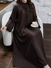 Lacomfia Plus Size Women's Brown Woven Long Sleeve 3D Floral Small Stand Collar Straight Elegant Romantic Dress - Brown - View 1