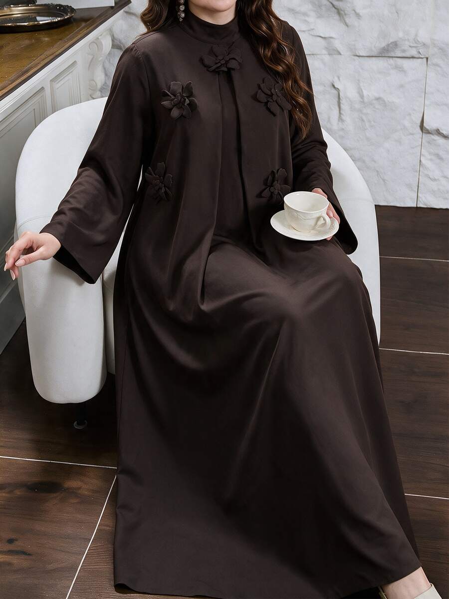 Lacomfia Plus Size Women's Brown Woven Long Sleeve 3D Floral Small Stand Collar Straight Elegant Romantic Dress - Brown - View 1