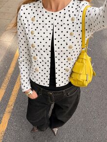 SHEIN Women's Autumn/Winter Round Neck Regular Shoulder Long Sleeve Basic Fit French Elegant Vintage Black And White Polka Dot Napoleon Jacket Office - Black and White - View 6