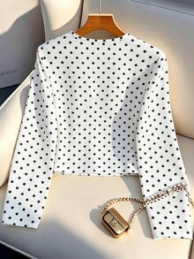 SHEIN Women's Autumn/Winter Round Neck Regular Shoulder Long Sleeve Basic Fit French Elegant Vintage Black And White Polka Dot Napoleon Jacket Office - Black and White - View 8