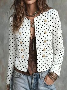 SHEIN Women's Autumn/Winter Round Neck Regular Shoulder Long Sleeve Basic Fit French Elegant Vintage Black And White Polka Dot Napoleon Jacket Office - Black and White - View 4
