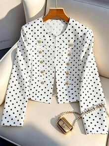 SHEIN Women's Autumn/Winter Round Neck Regular Shoulder Long Sleeve Basic Fit French Elegant Vintage Black And White Polka Dot Napoleon Jacket Office - Black and White - View 7