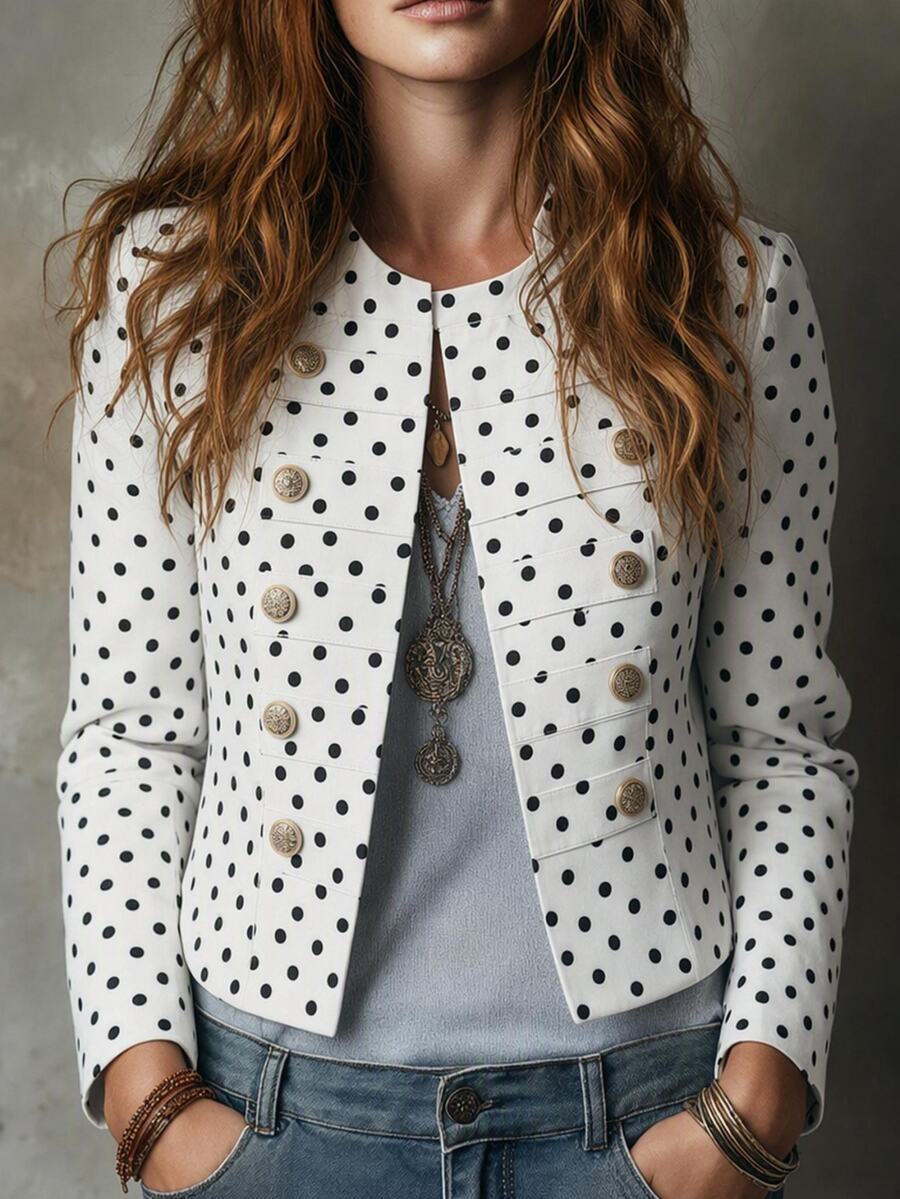 SHEIN Women's Autumn/Winter Round Neck Regular Shoulder Long Sleeve Basic Fit French Elegant Vintage Black And White Polka Dot Napoleon Jacket Office