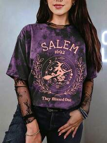 EMERY ROSE 復古萬聖節女巫掃帚圖案印花上衣 趣味女巫標語休閒女式襯衫 - 杏色 - 查看 3