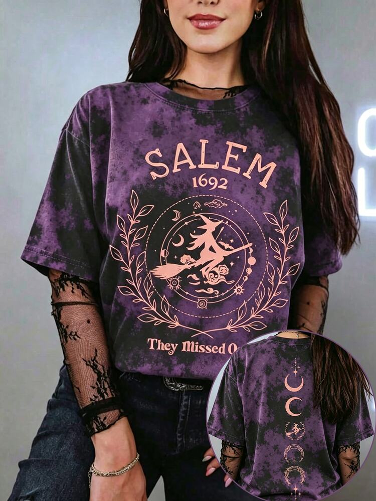 EMERY ROSE Retro Halloween Witches Broom Graphic Print TopFunny Witch Slogan Casual Blouse For Women - Apricot - View 1