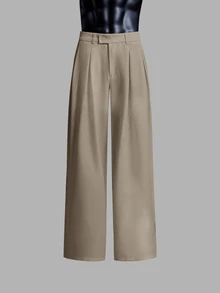 SIGLOCORE Men's Solid Color Pleated Design Wide Leg Loose Casual Long Pants - Beige - View 2