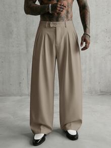 SIGLOCORE Men's Solid Color Pleated Design Wide Leg Loose Casual Long Pants - Beige - View 7