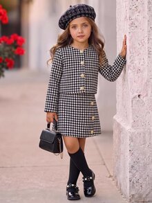 SHEIN 少女千鳥格長袖單排扣外套與裙子套裝 - 黑與白 - 查看 2