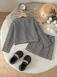 SHEIN 少女千鳥格長袖單排扣外套與裙子套裝 - 黑與白 - 查看 4